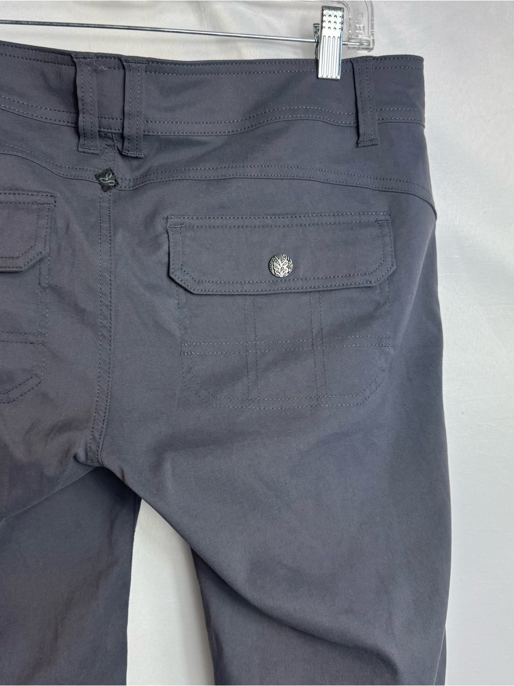 PrAna Halle Women’s Pants Sz 10 Gray Roll Tab Zip Pocket Stretch Packable
